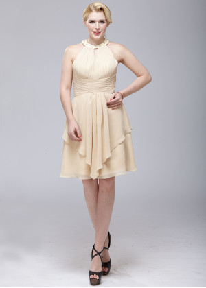 Beaded Halter Neck Champagne Chiffon Short Bridesmaid Dress